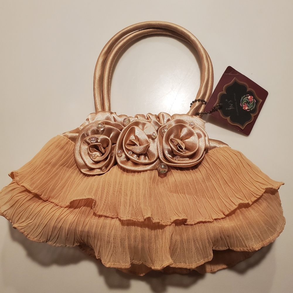 NWT Champagne Ruffles & Rosettes Bag with Iridescent Beads